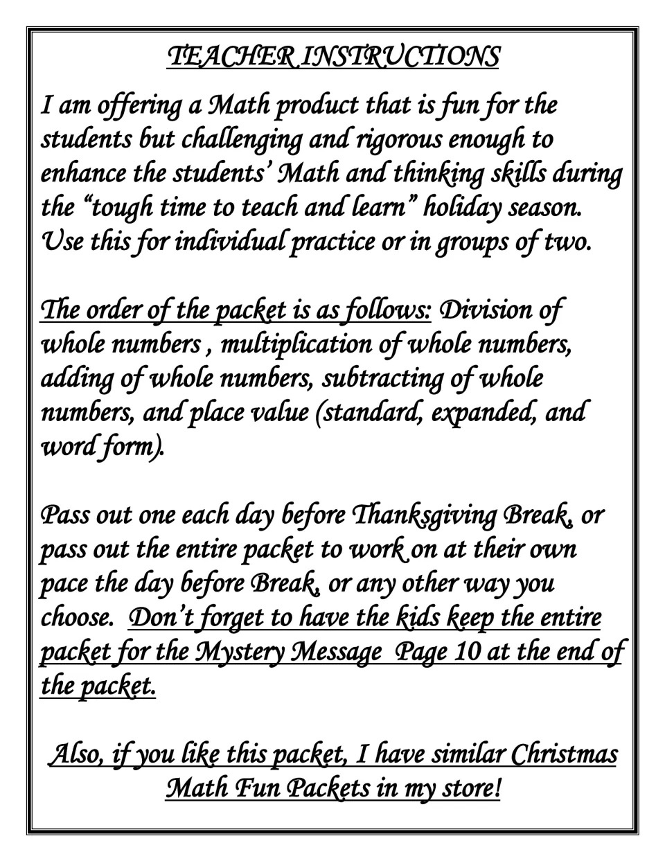 Teacher instructions: packet order from dividing to place value, with options to hand out one page daily or all at once