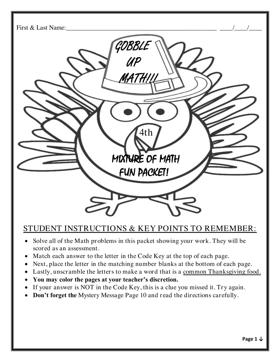Gobble Up Math student page: turkey coloring art plus steps to solve, match answers to the code key and unscramble a food