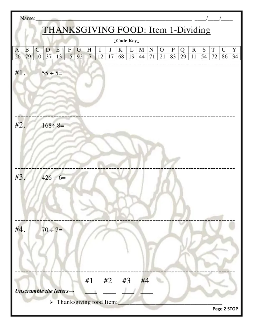 Dividing whole numbers code puzzle: students solve 55 ÷ 5 to 70 ÷ 7, match quotients to letters and unscramble a food
