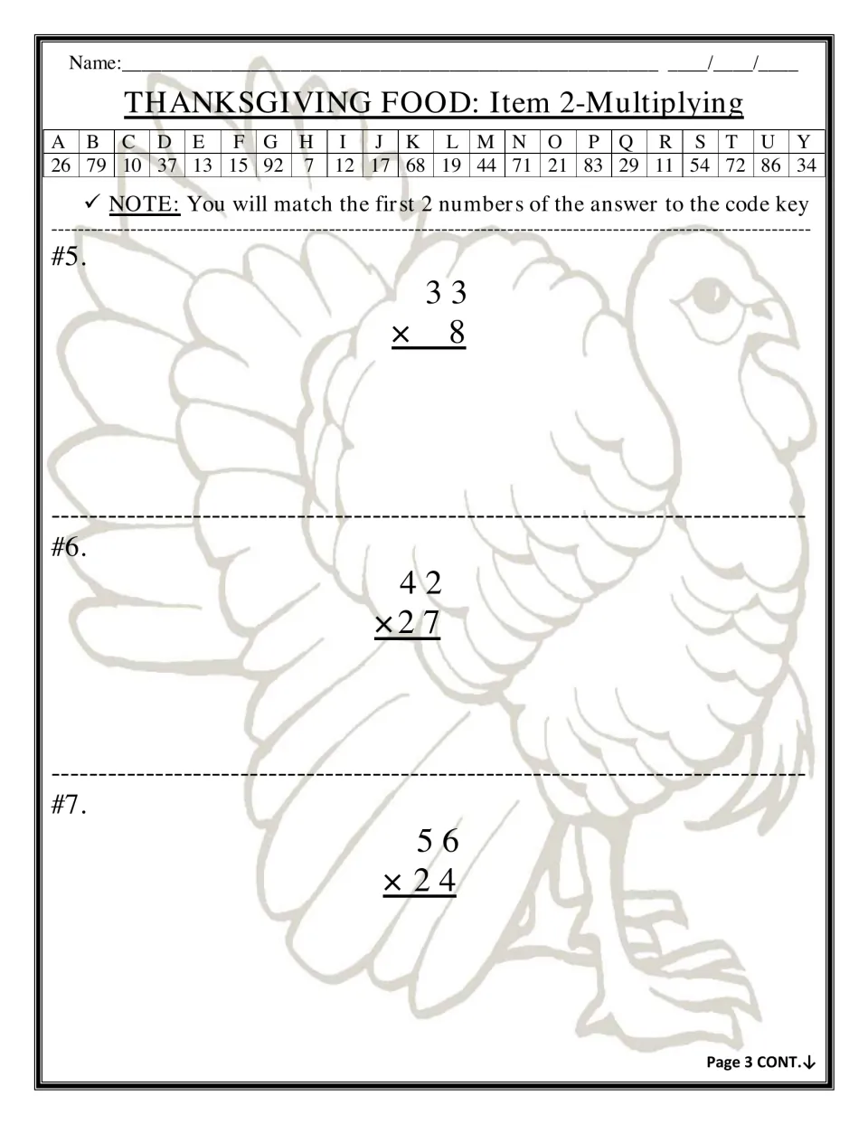 Multiplying whole numbers: students solve 33 × 8, 42 × 27 and 56 × 24, then match first two digits to letters