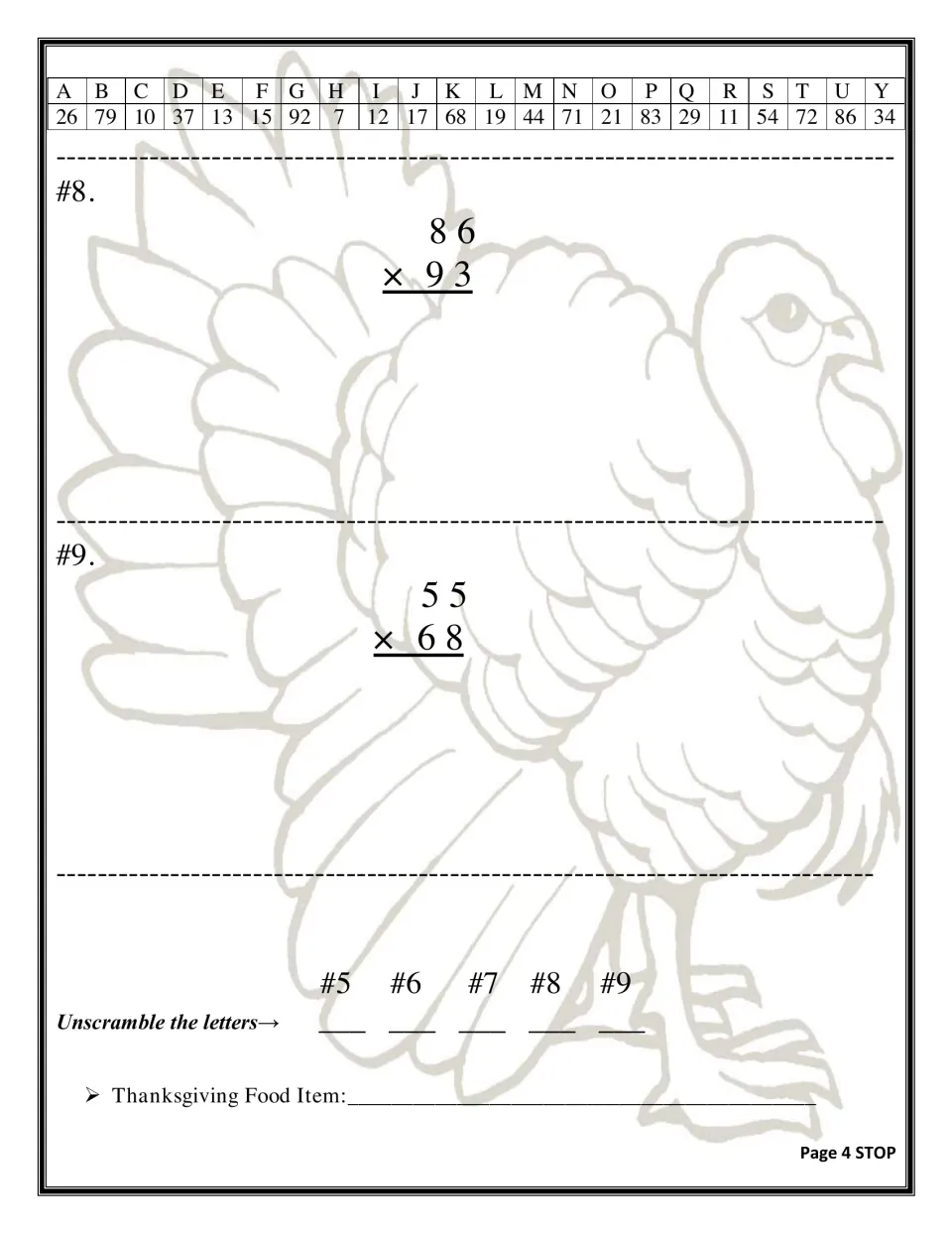 Multiplication continued: students solve 86 × 93 and 55 × 68, then unscramble letters from problems 5 to 9 to name a food