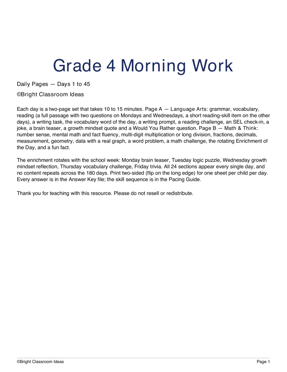 Grade 4 Morning Work introduction for Days 1–45, explaining the two-page daily format and enrichment rotation