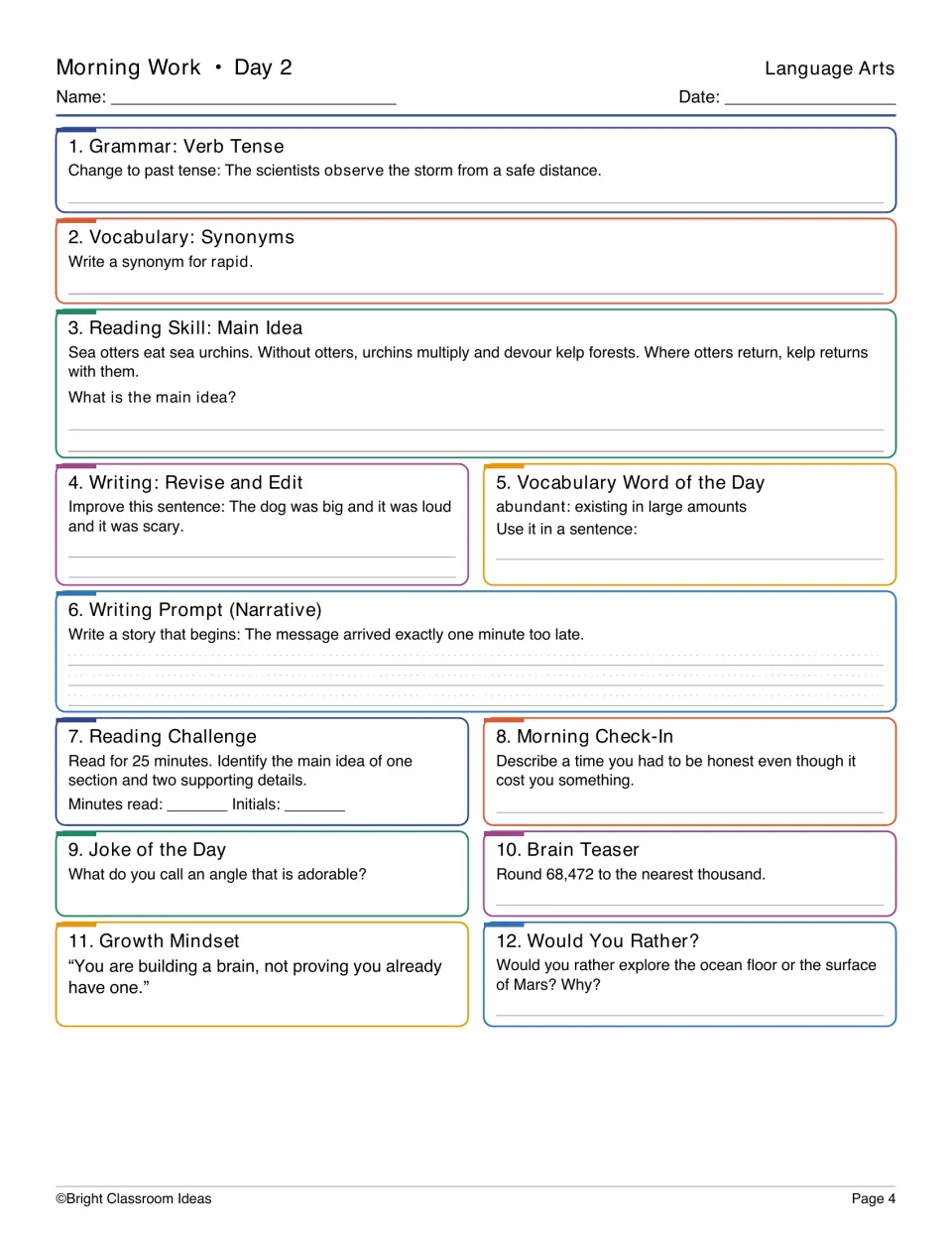 Day 2 Language Arts practice: past-tense verbs, synonyms for rapid, sea otter main idea, and narrative writing
