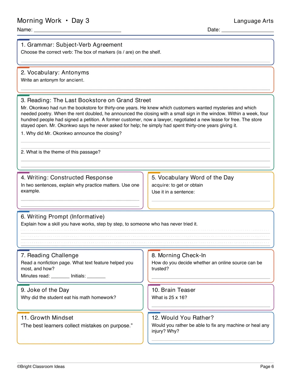 Day 3 Language Arts practice: subject-verb agreement, a bookstore passage, acquire, and informative writing
