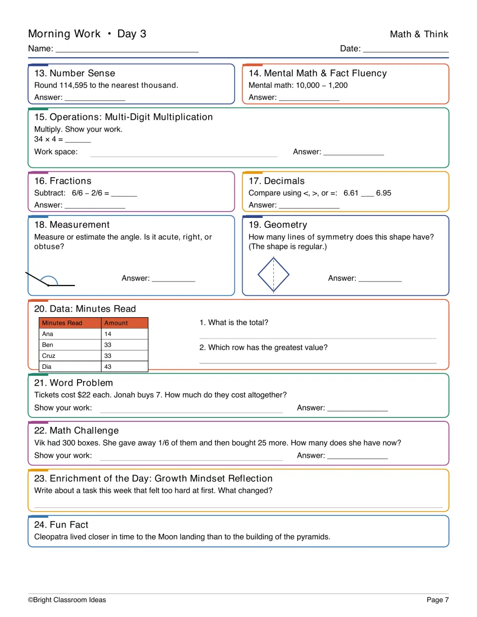 Day 3 Math & Think practice: rounding 114,595, multiplying 34 × 4, symmetry, and a Minutes Read table