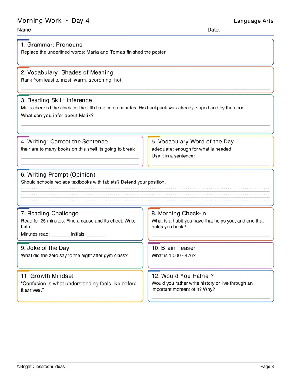 Day 4 Language Arts practice: pronouns, shades of meaning, inference about Malik, and a textbook opinion prompt