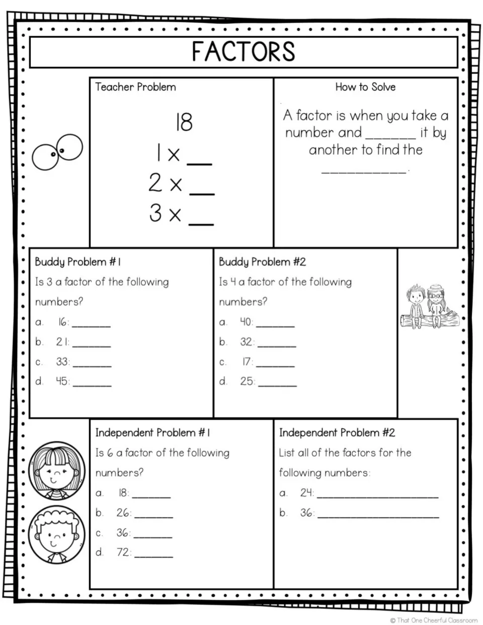 Factors guided notes: students fill in the definition and the factor pairs of 18, then decide if 3, 4 and 6 are factors