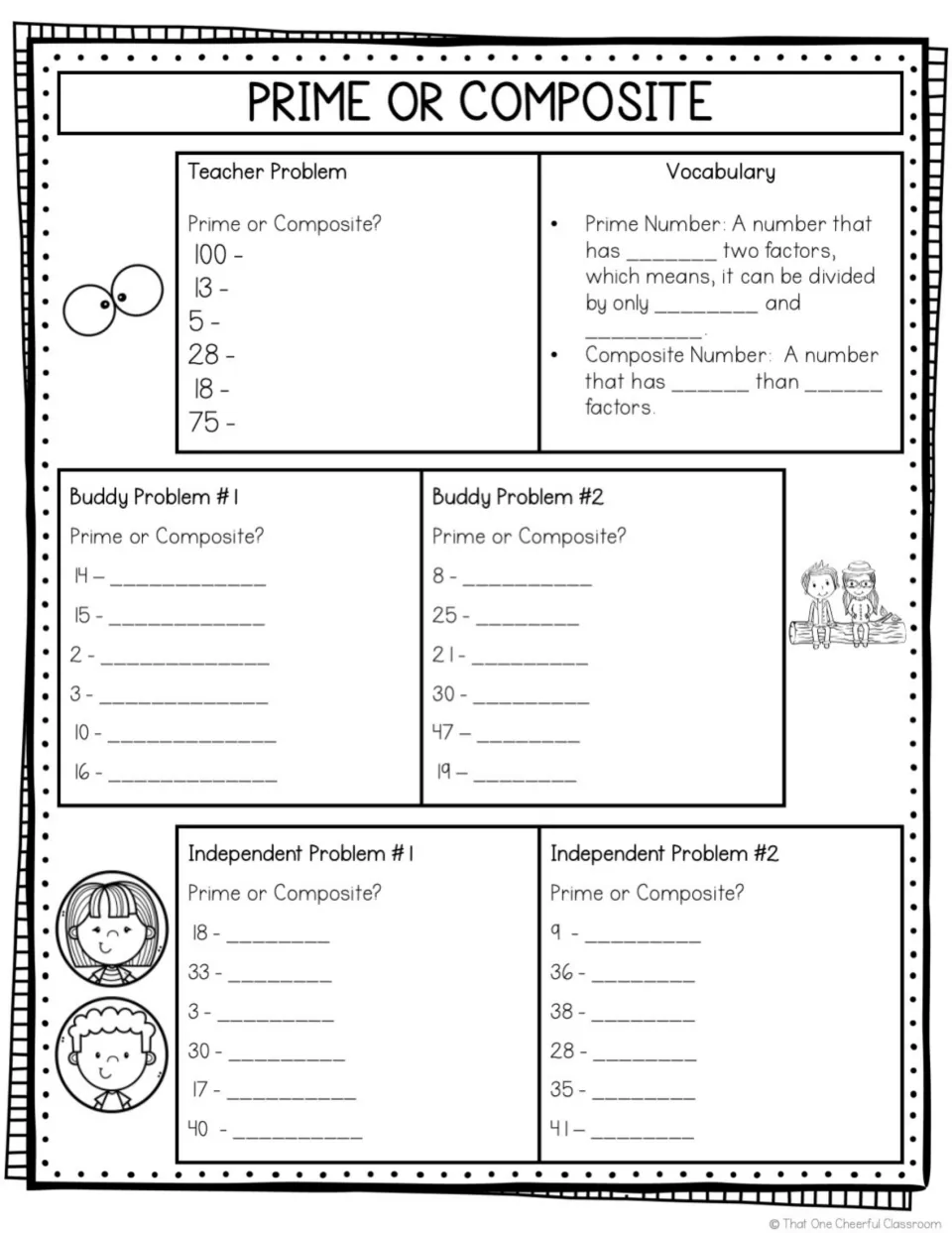 Prime or composite guided notes: students complete vocabulary definitions and label numbers such as 13, 28 and 47