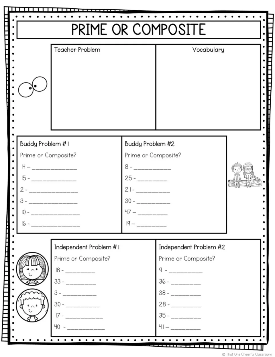 Prime or composite notes, open version: blank teacher example and vocabulary space, then numbers for students to label