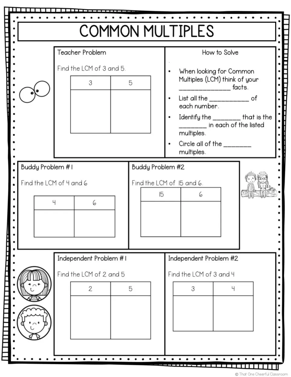 Common multiples guided notes: students fill in the LCM steps and list multiples to find the LCM of 4 and 6, 3 and 4