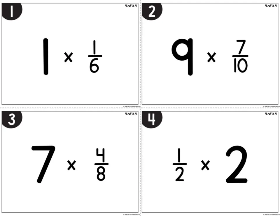 Fraction times whole number cards 1-4: students solve 1 x 1/6, 9 x 7/10, 7 x 4/8 and 1/2 x 2, each labeled 4.NF.B.4