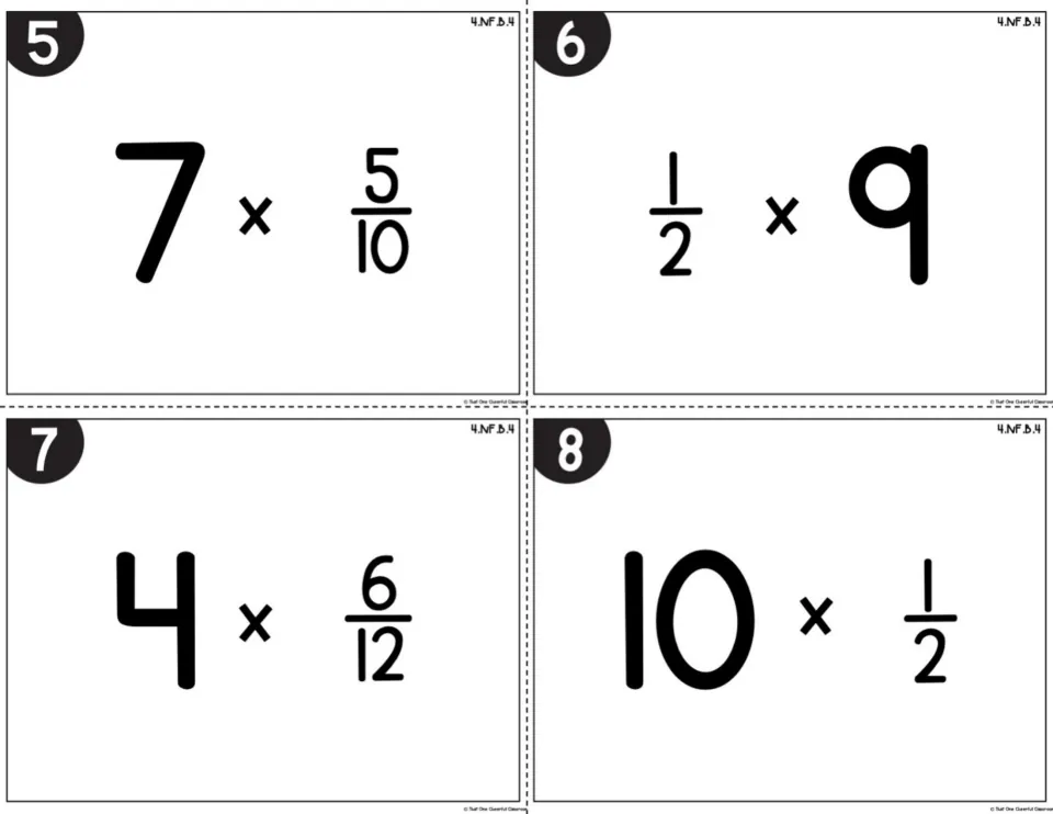 Multiplication cards 5-8: students find 7 x 5/10, 1/2 x 9, 4 x 6/12 and 10 x 1/2 to practise fraction multiplication