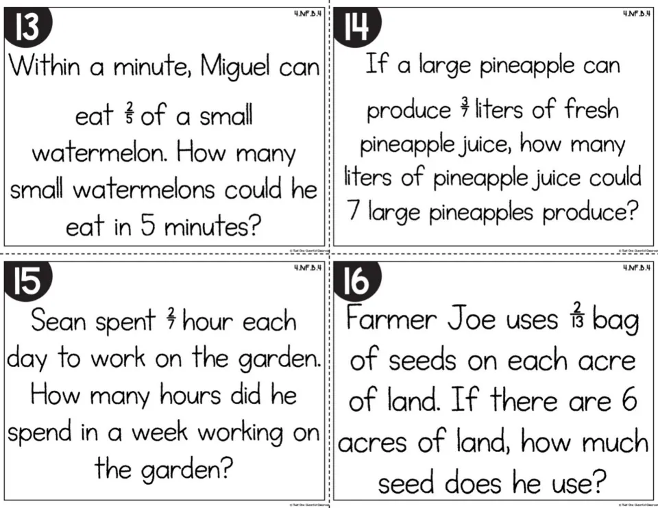 Word problems 13-16: watermelon, pineapple juice, garden hours and seed bags, each a fraction times a whole number