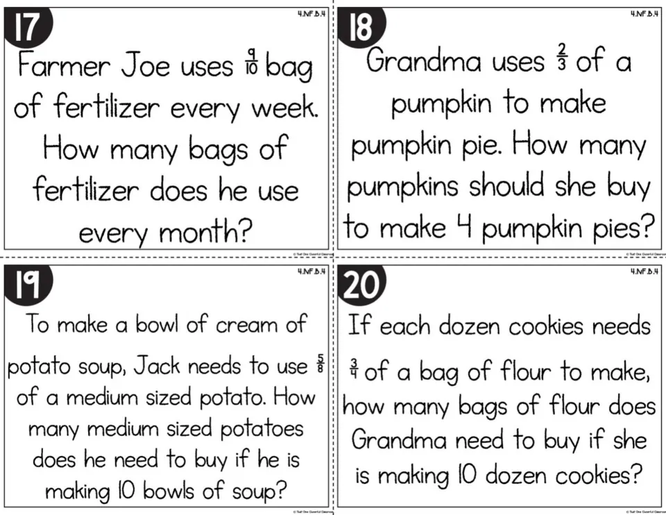 Story problems 17-20 on fertilizer, pumpkin pies, potato soup and cookie flour, each with a fractional amount to multiply
