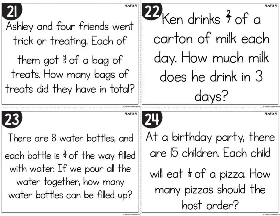 Word problems 21-24: trick-or-treat bags, Ken's milk, water bottles and birthday pizzas, solved by multiplying fractions