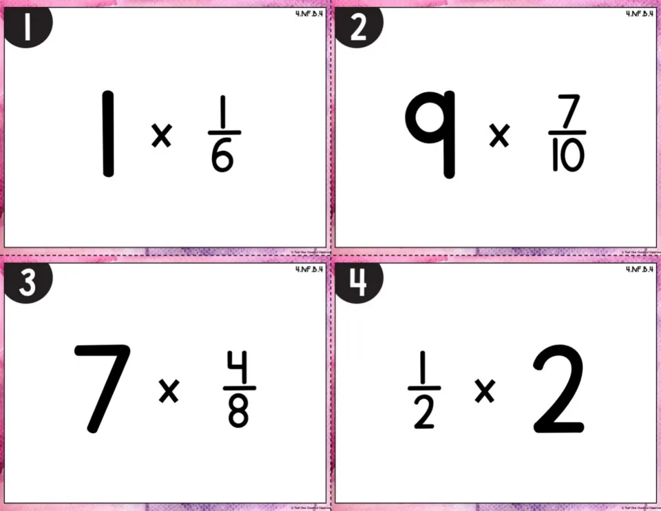 Color version of cards 1-4 with pink watercolor edges: 1 x 1/6, 9 x 7/10, 7 x 4/8 and 1/2 x 2 to solve