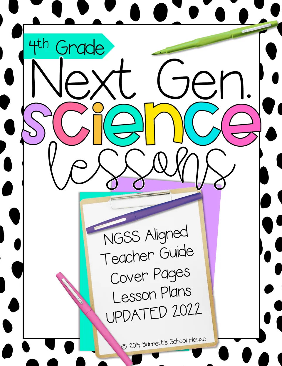 Fourth-grade science lesson cover listing an NGSS-aligned teacher guide, cover pages, and lesson plans
