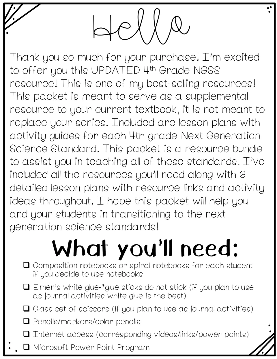 Teacher introduction explaining supplemental use, six detailed lesson plans, and required classroom supplies