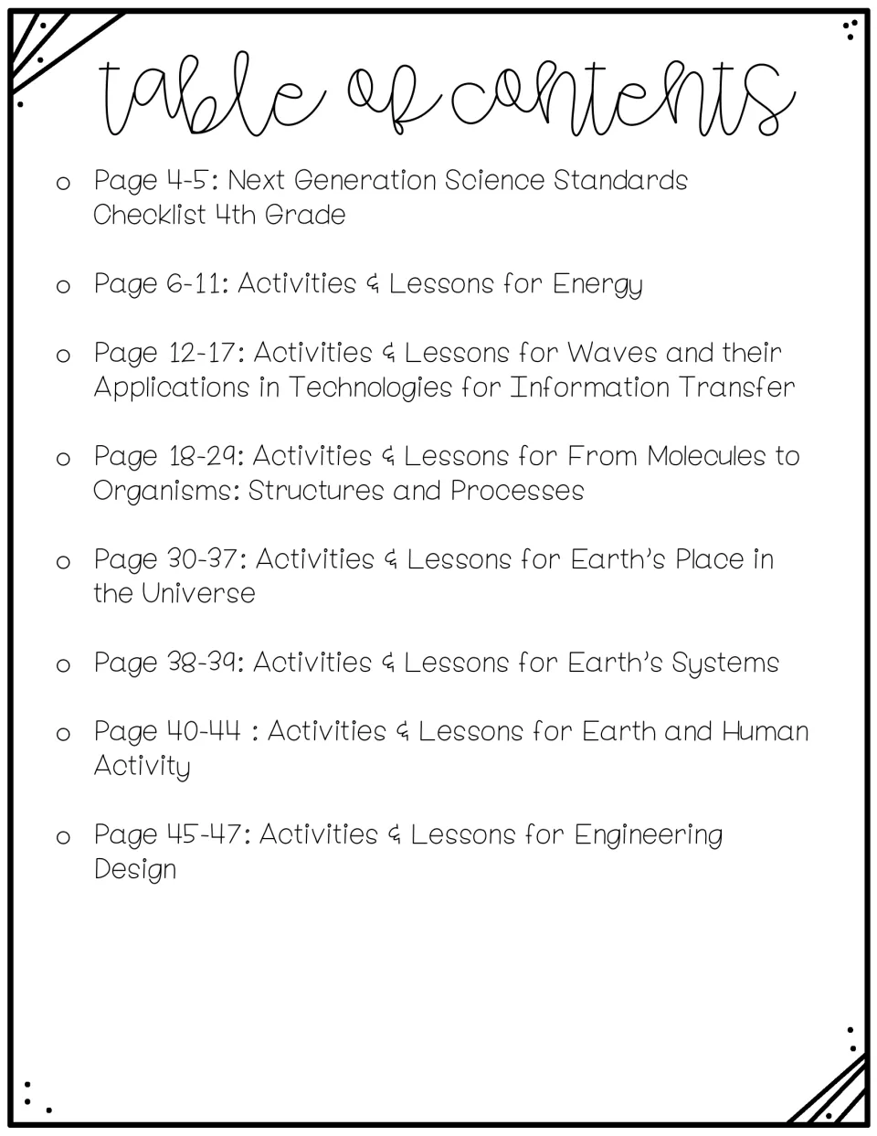 Table of contents locating the standards checklist and seven lesson sections, from energy to engineering design