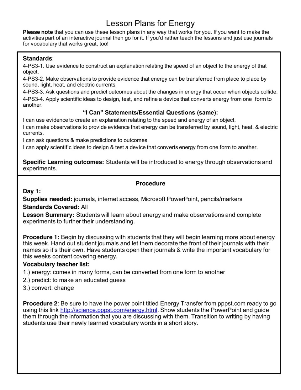 Energy lesson plan opening with standards, learning goals, and Day 1 journal, vocabulary, and slideshow tasks