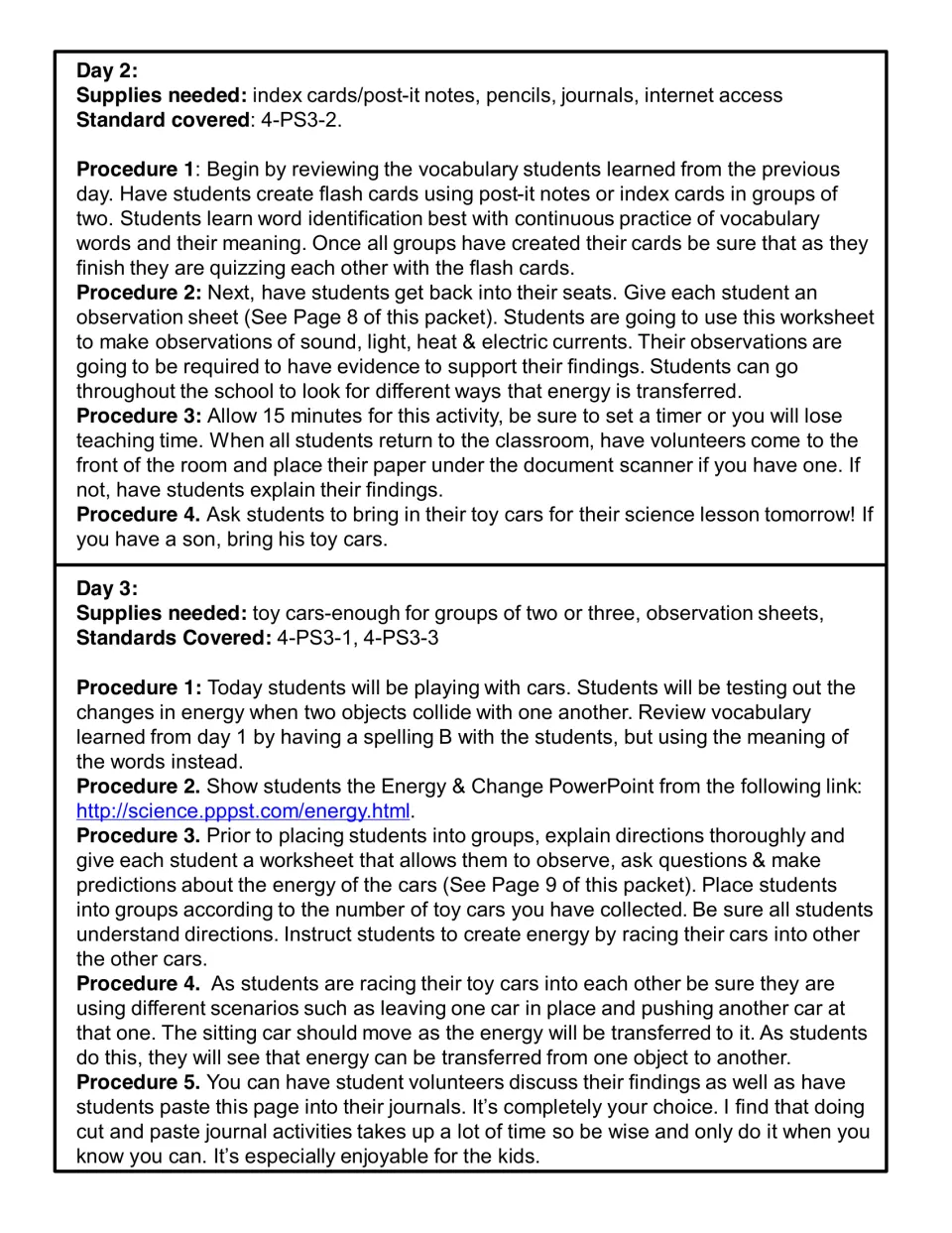 Energy lesson procedures for Day 2 school observations and Day 3 toy car collisions, predictions, and findings