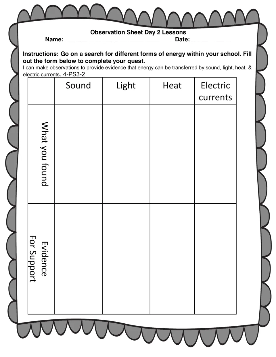 Day 2 energy observation sheet asking students to record sound, light, heat, and electric currents at school