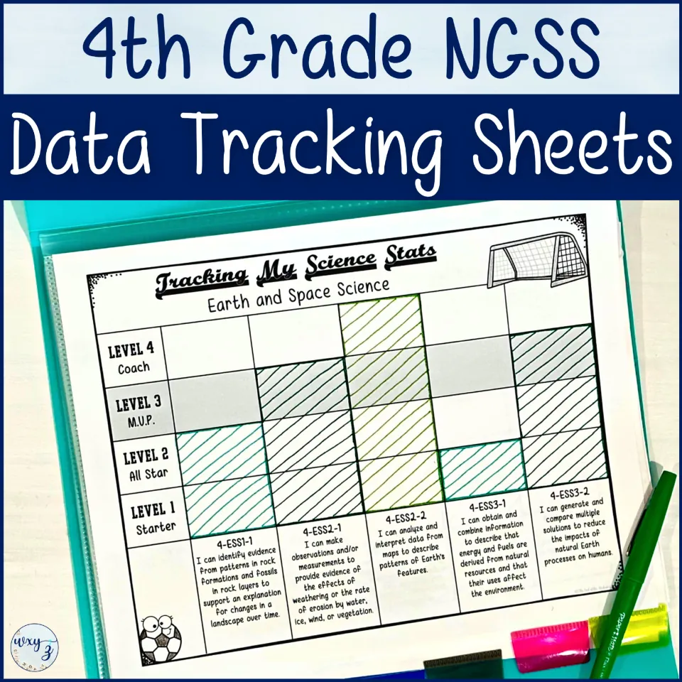 Cover for 4th Grade NGSS Data Tracking Sheets: shaded Earth and Space Science chart showing levels 1-4 for 4-ESS standards