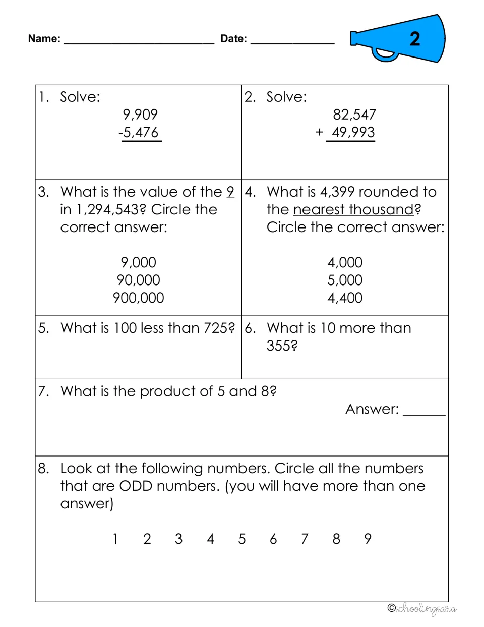 Review sheet 2: students add and subtract, round 4,399 to the nearest thousand, find 100 less and circle odd numbers
