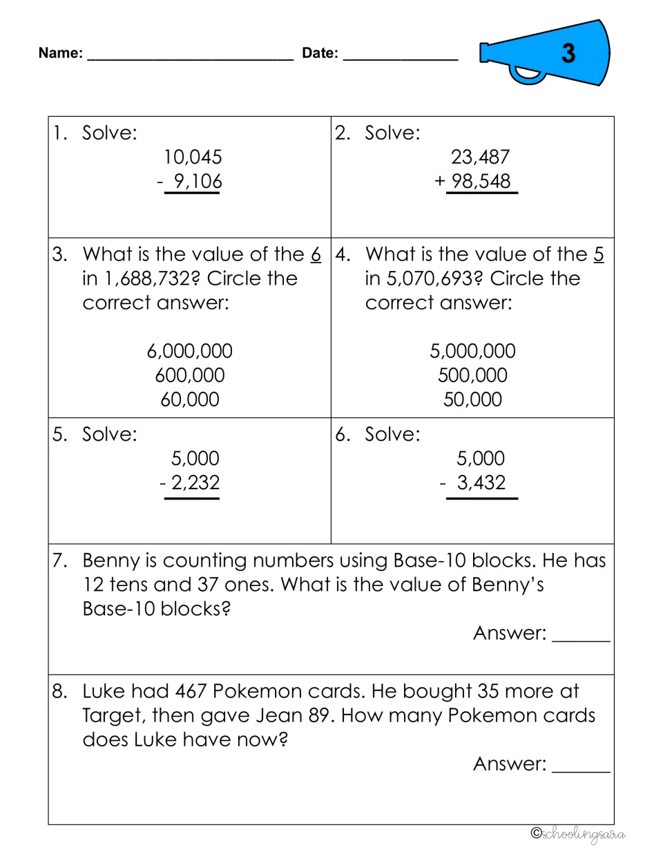 Review sheet 3: students subtract across zeros, find digit values in millions, use base-10 blocks and solve a card problem