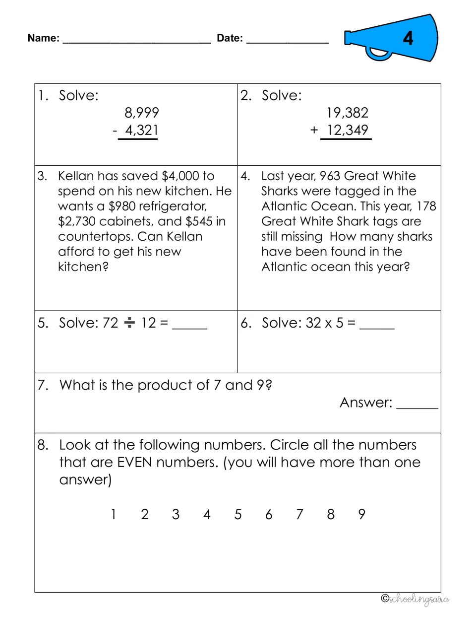 Review sheet 4: students solve budget and shark-tag word problems, divide 72 by 12, find products and circle even numbers