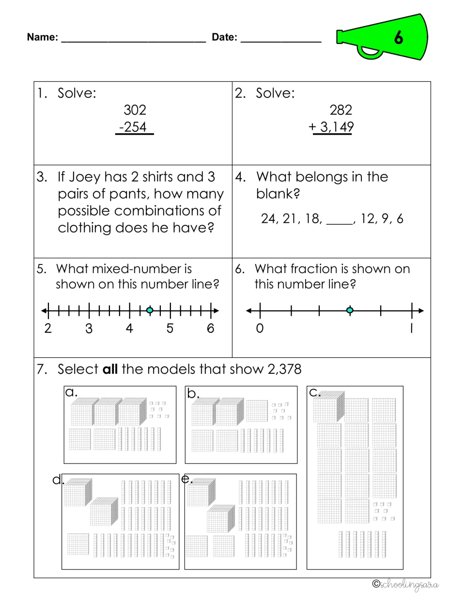 Review sheet 6: students solve combinations and a skip-count pattern, read number lines and pick base-10 models of 2,378