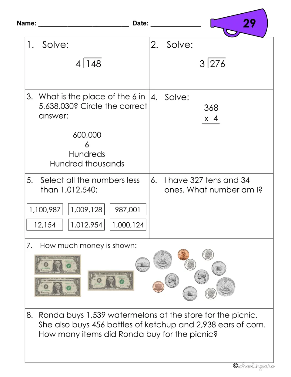 Review sheet 29: students divide by 4 and 3, name a digit's place, multiply, count money and total picnic items