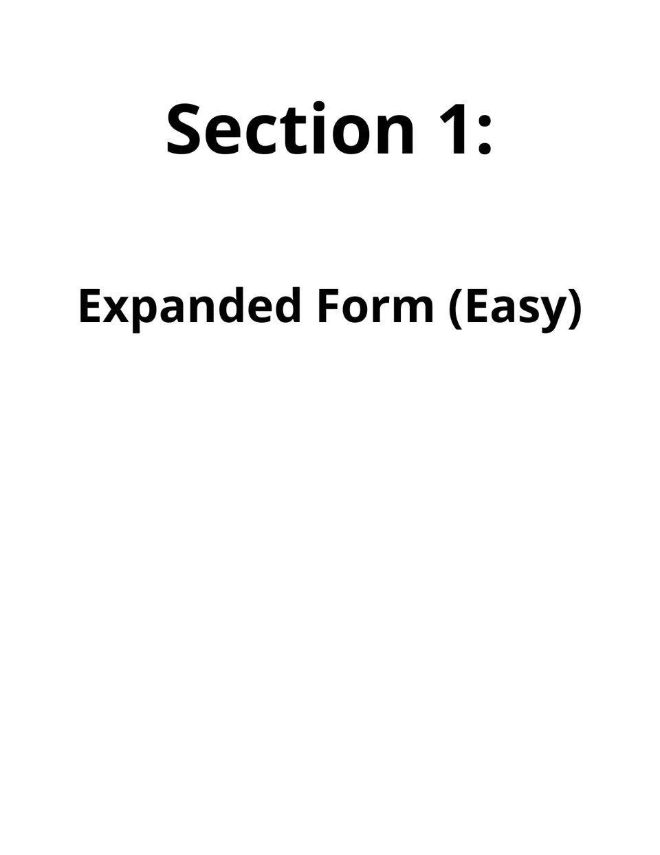 Section 1 title page: Expanded Form (Easy), opening the first set of practice pages in the workbook