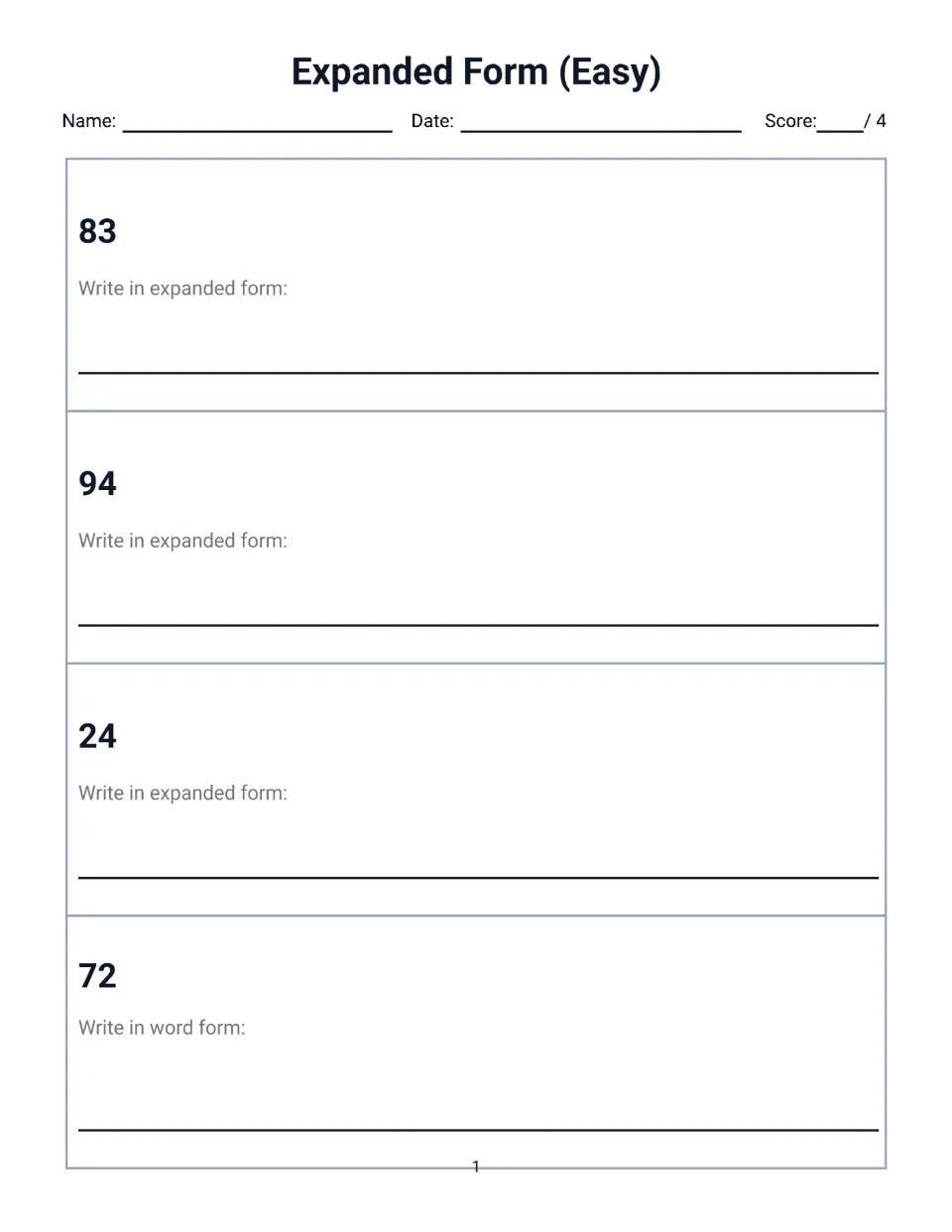 Expanded Form (Easy) page 1: students write 83, 94 and 24 in expanded form and write 72 in word form, scored out of 4