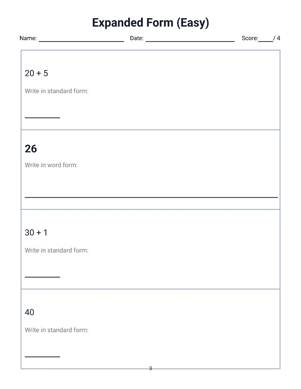 Expanded Form (Easy) page 3: students turn 20 + 5, 30 + 1 and 40 into standard form and write 26 in word form