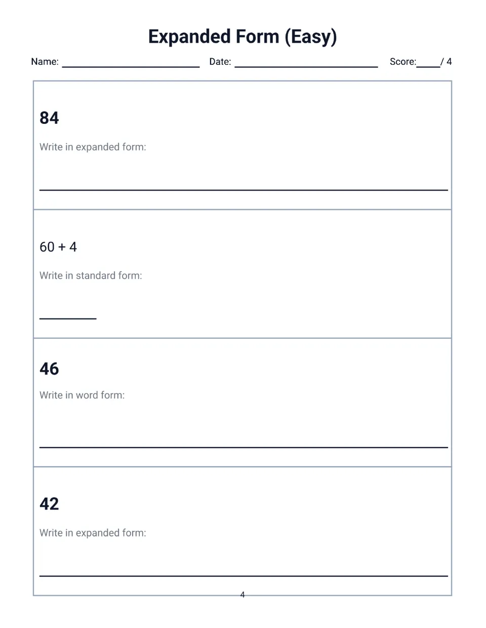 Expanded Form (Easy) page 4: students expand 84 and 42, write 60 + 4 in standard form and write 46 in word form