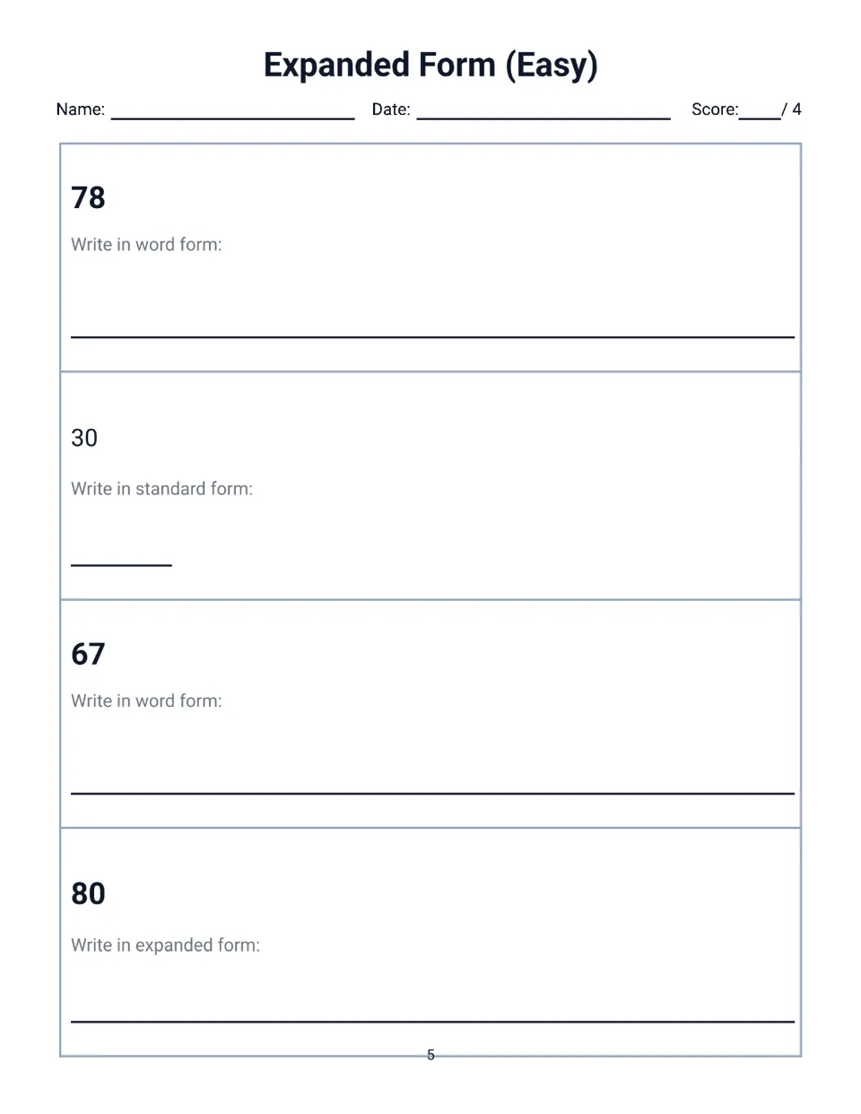 Expanded Form (Easy) page 5: students write 78 and 67 in word form, 30 in standard form and 80 in expanded form