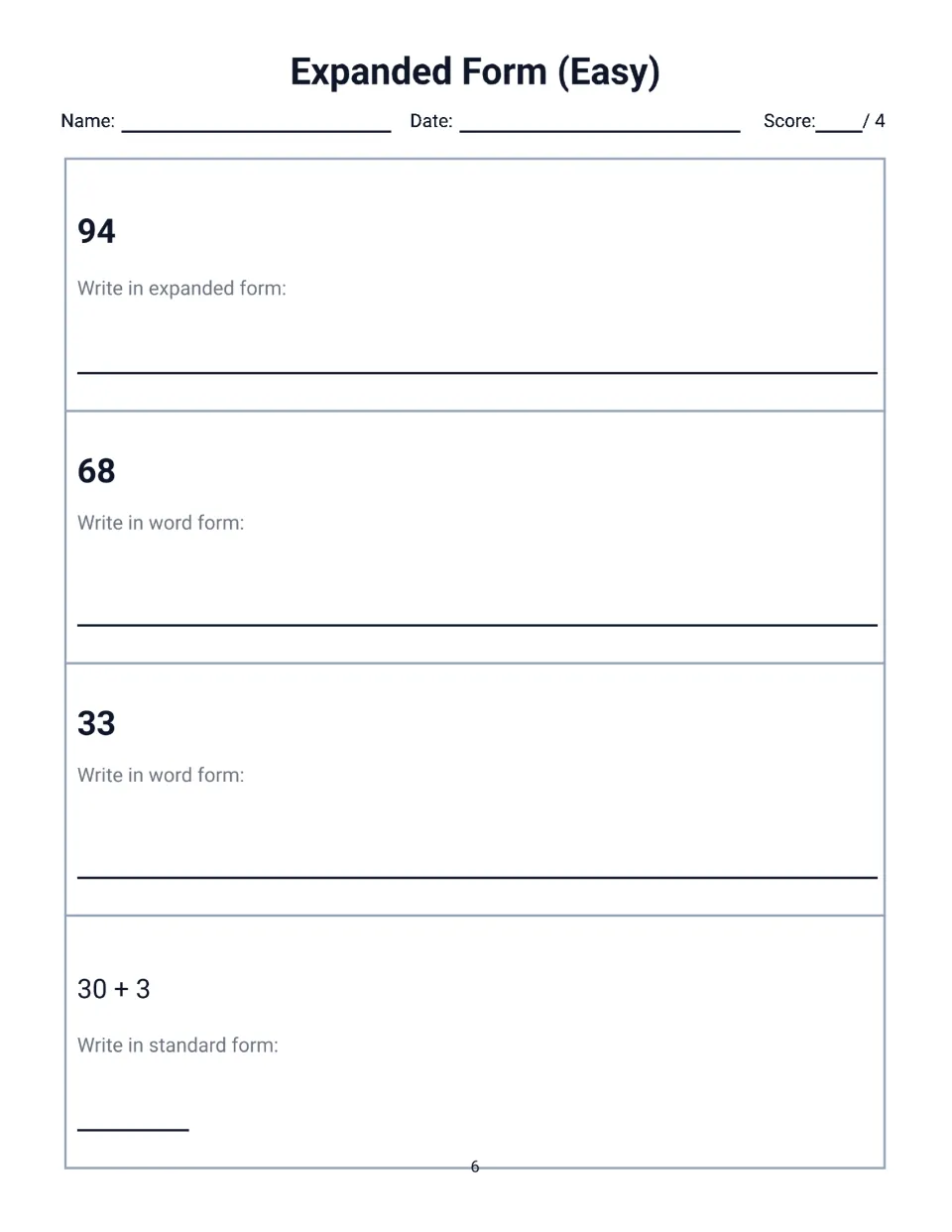 Expanded Form (Easy) page 6: students expand 94, write 68 and 33 in word form, and write 30 + 3 in standard form