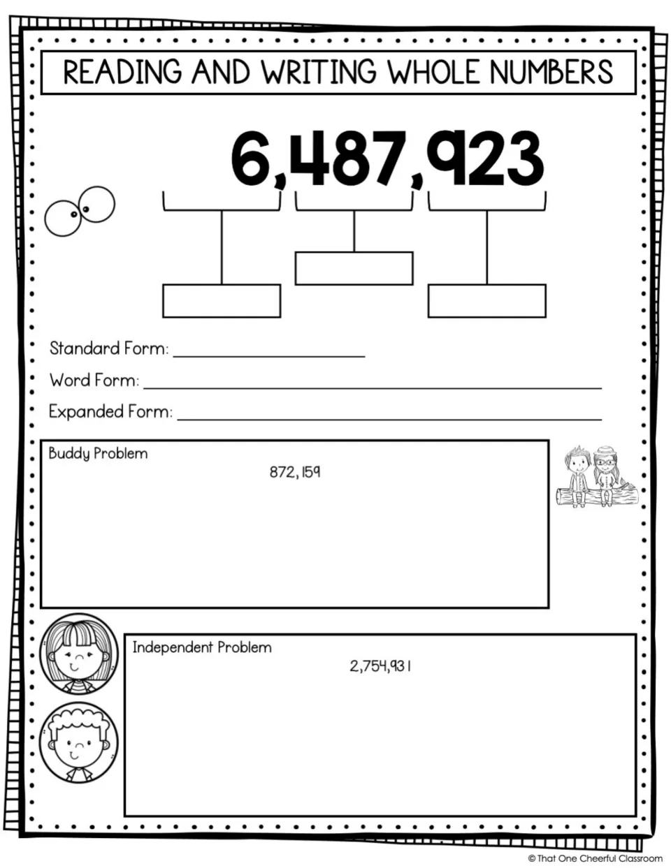 Whole number forms, open notes: students label the periods of 6,487,923 and write three numbers in each form from scratch