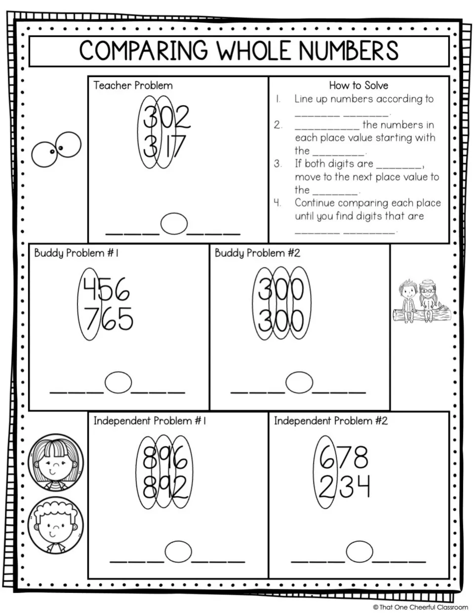 Comparing whole numbers: students fill in the four How to Solve steps and write <, > or = for pairs such as 456 and 765