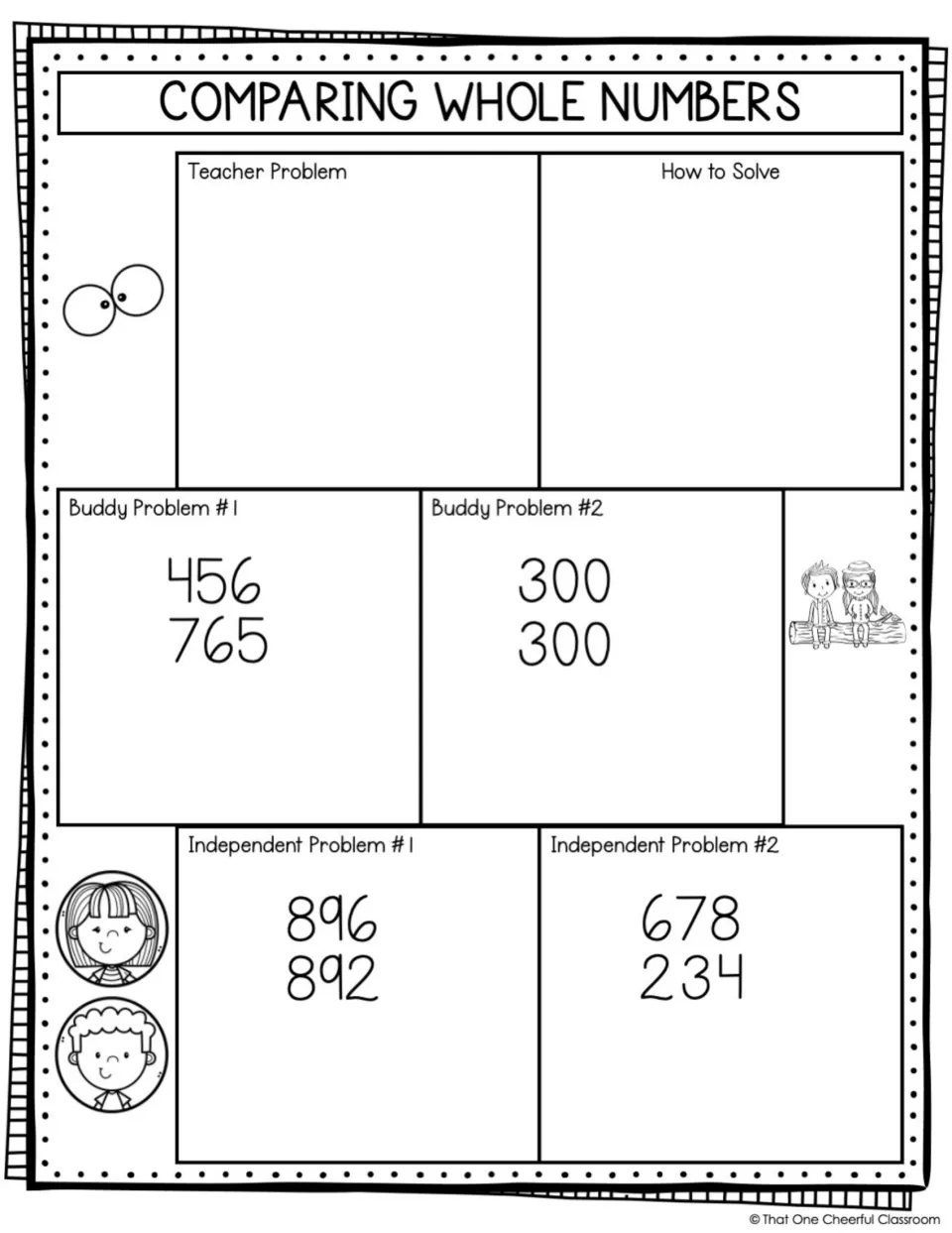 Comparing whole numbers, blank teacher panel: students compare 456/765, 300/300, 896/892 and 678/234 by place value