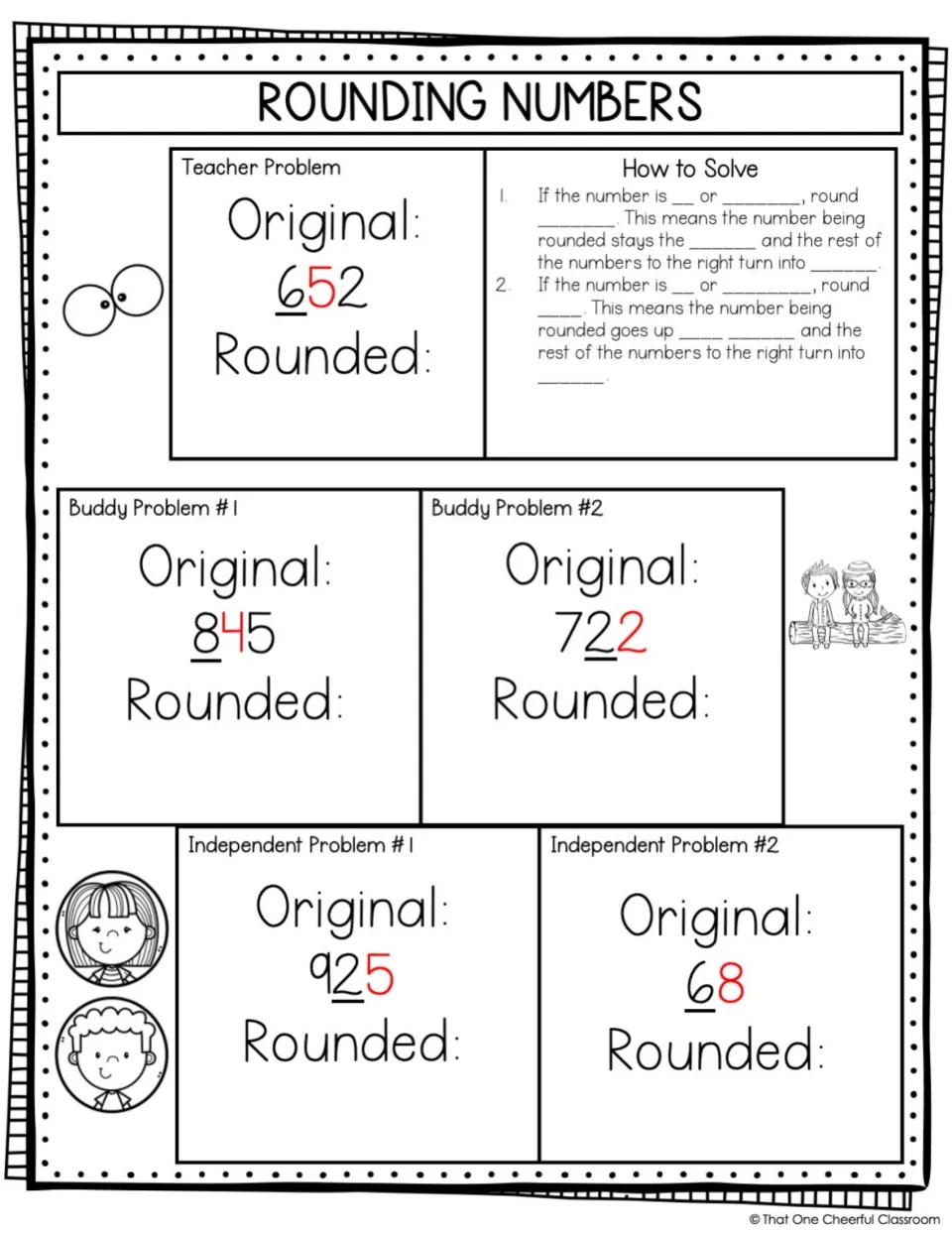 Rounding numbers: students fill in the blanks of the 4-or-below and 5-or-higher rules, then work 652, 845, 722, 925 and 68