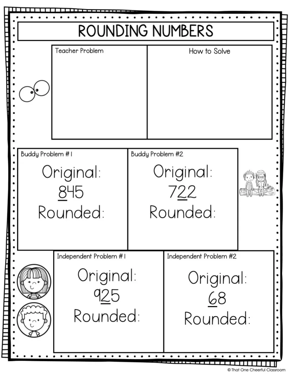 Rounding numbers, blank teacher panel: students bring 845, 722, 925 and 68 to the nearest underlined place value