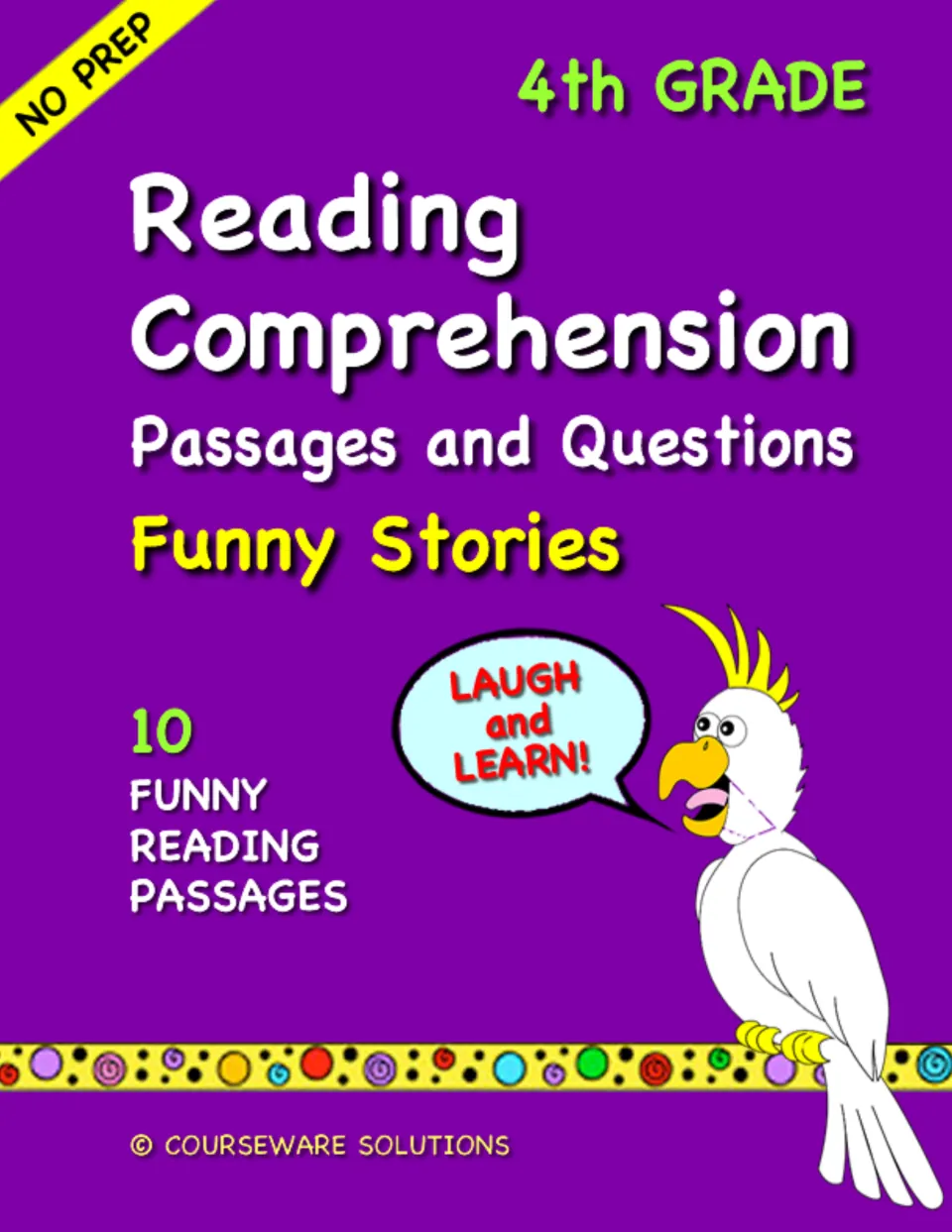 Reading comprehension cover: Passages and Questions, Funny Stories, 10 funny reading passages, with a cartoon cockatoo