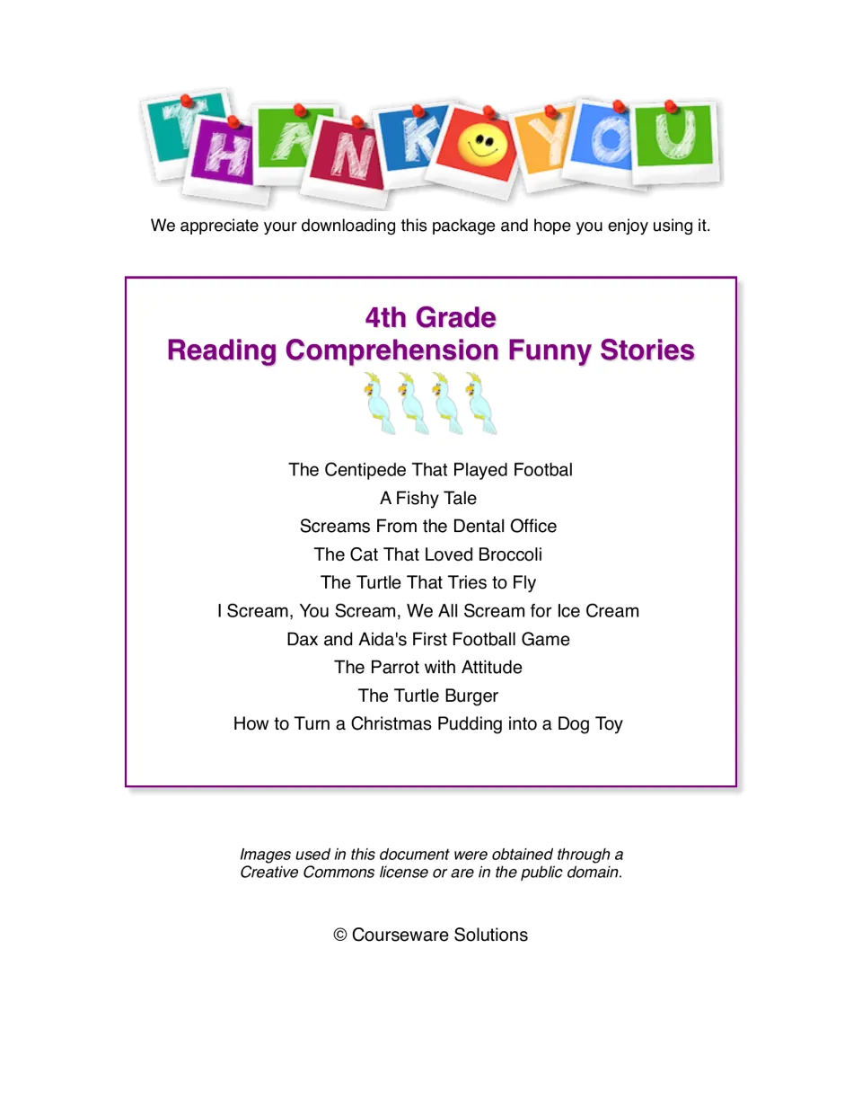 Thank-you note and contents list of 10 funny stories, from The Centipede That Played Football to a Christmas pudding