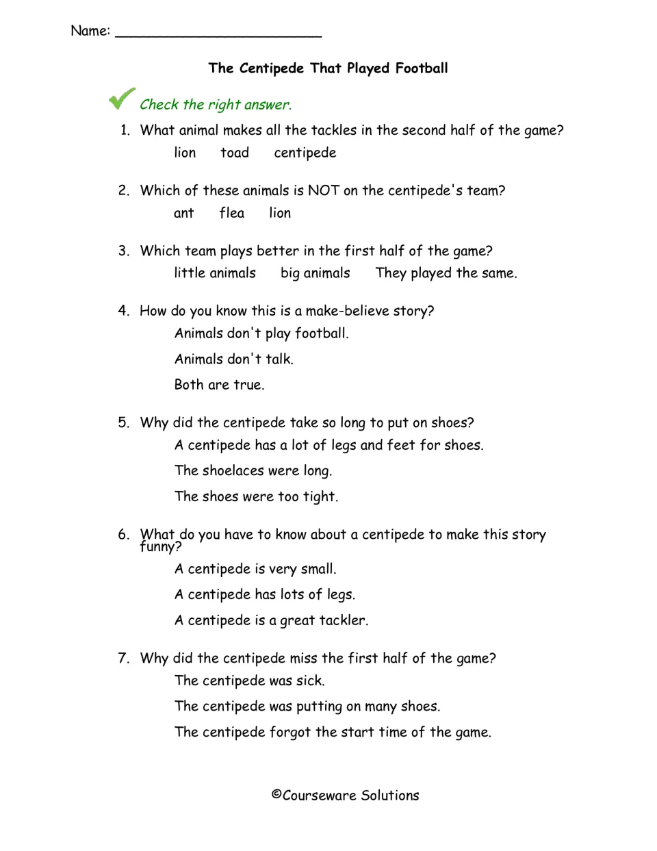 The Centipede That Played Football questions: students check the right answer to 7 items on story details and the joke
