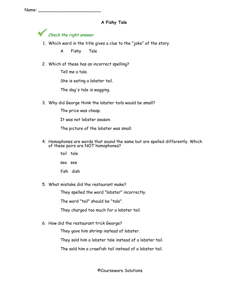 A Fishy Tale questions: students check answers on tail vs. tale, homophones and how the restaurant tricked George