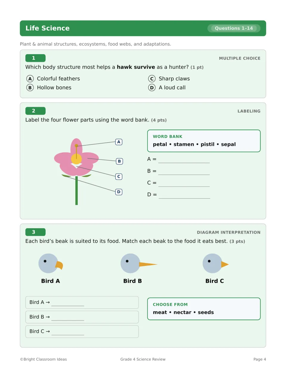 Life Science questions 1–3 ask about hawk hunting structures, flower part labels, and bird beaks matched to food