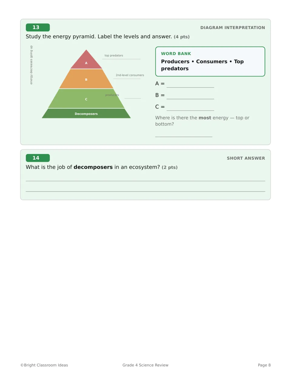 Life Science questions 13–14 ask students to label an energy pyramid and explain the role of decomposers