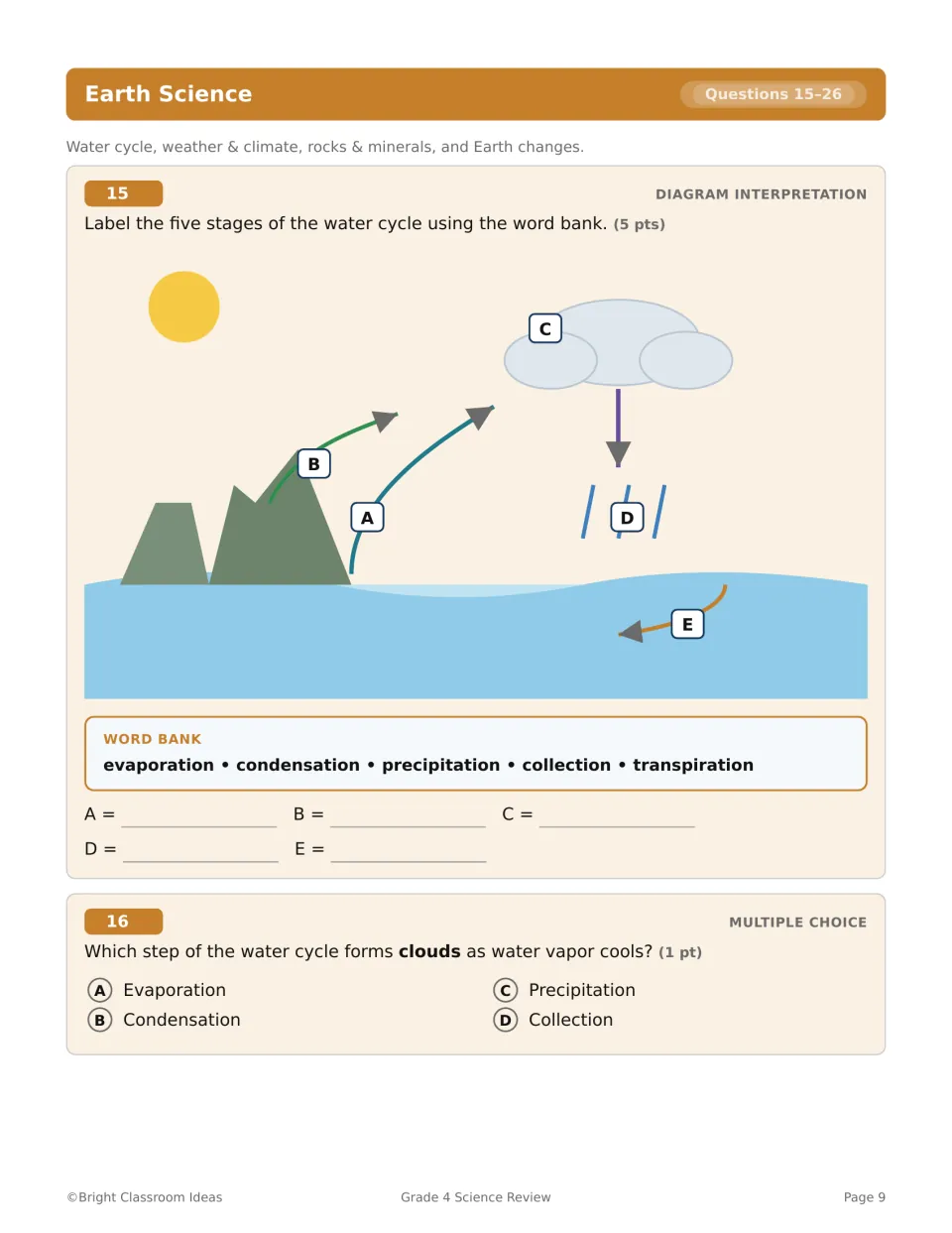 Earth Science questions 15–16 ask students to label five water cycle stages and identify how clouds form